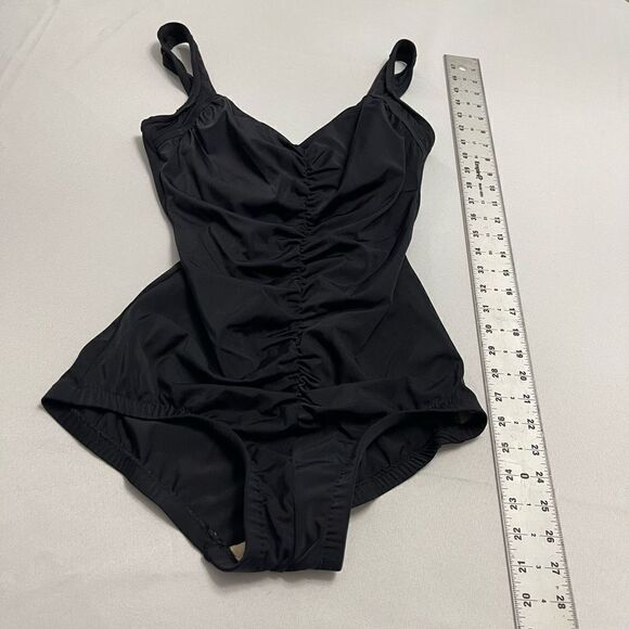 LE COVE Solid Black One Piece VTG Swimsuit Rusched Up The Center Front Size 12 - Picture 3 of 7